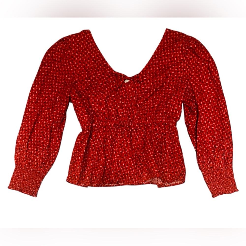 Madewell Red Puff Sleeve Smocked Peplum Blouse